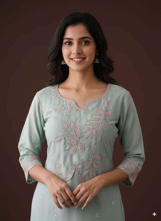 Mint green Roman silk Kurtaset with designer Dupatta