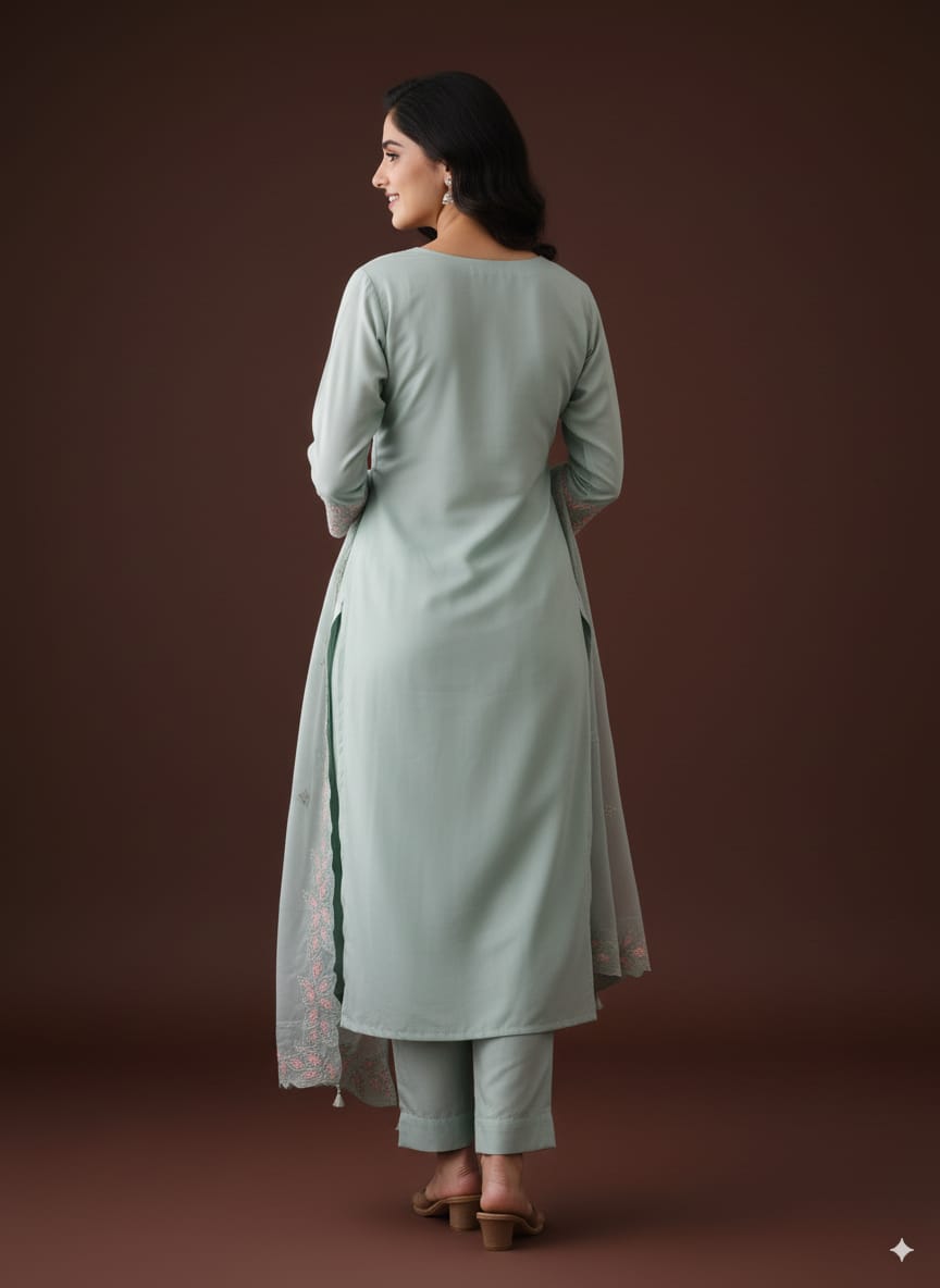 Mint green Roman silk Kurtaset with designer Dupatta