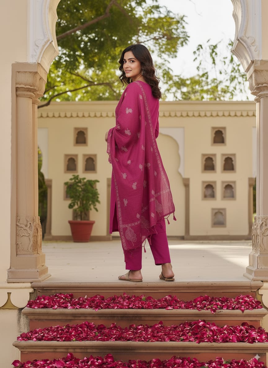 Pink embroidered Kurtaset with cotton printed dupatta