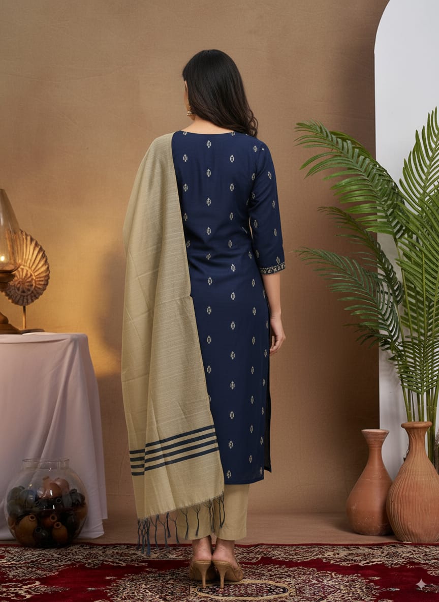 Navy Blue Raw silk kurtaset with Beige Dupatta