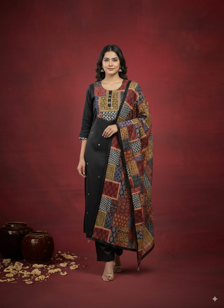 Black batick kurtaset with dupatta
