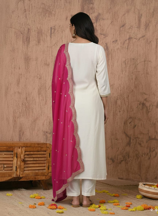 white Roman silk kurtaset with designer dupatta