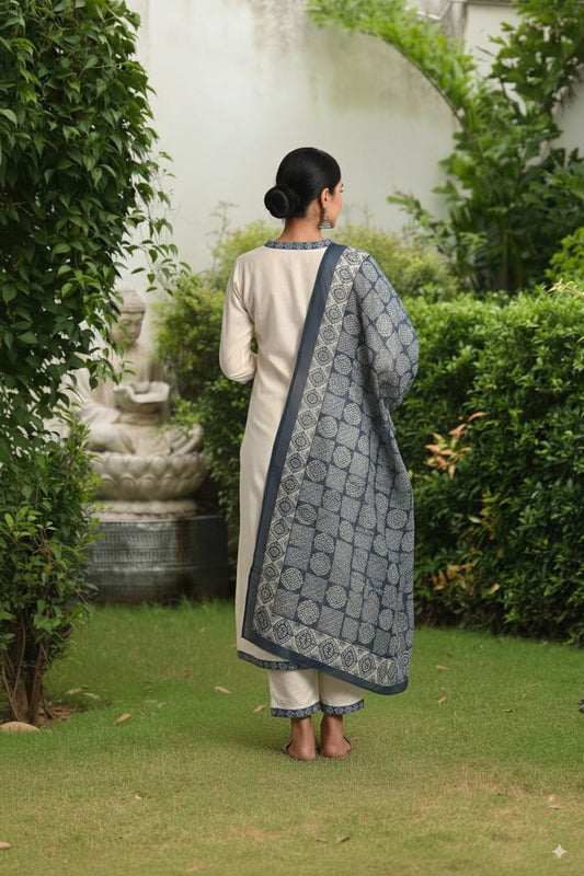 White Cotton chanderi kurtaset with dupatta