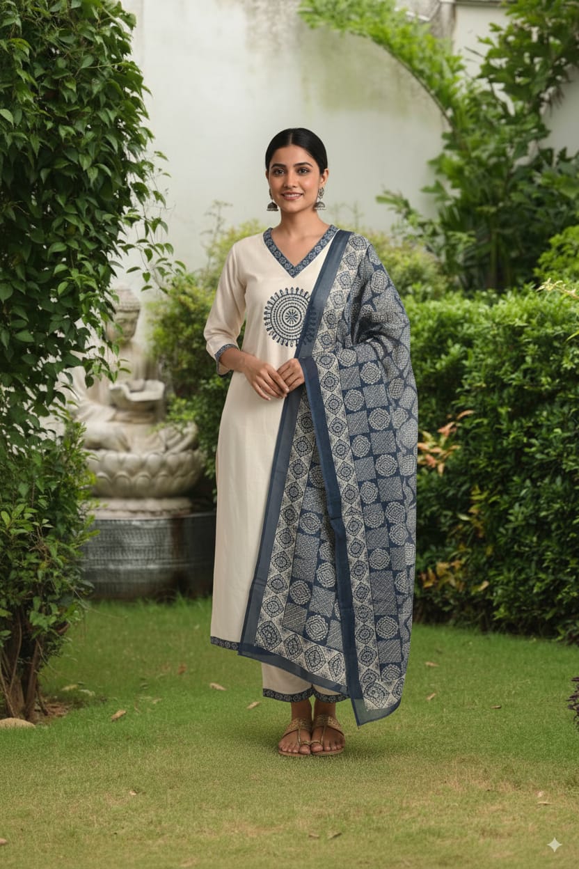 White Cotton chanderi kurtaset with dupatta