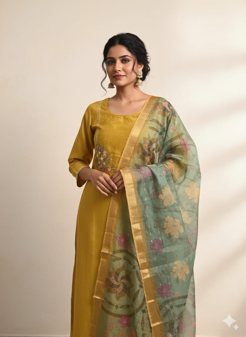 Yellow Russian silk kurtaset with organza dupatta