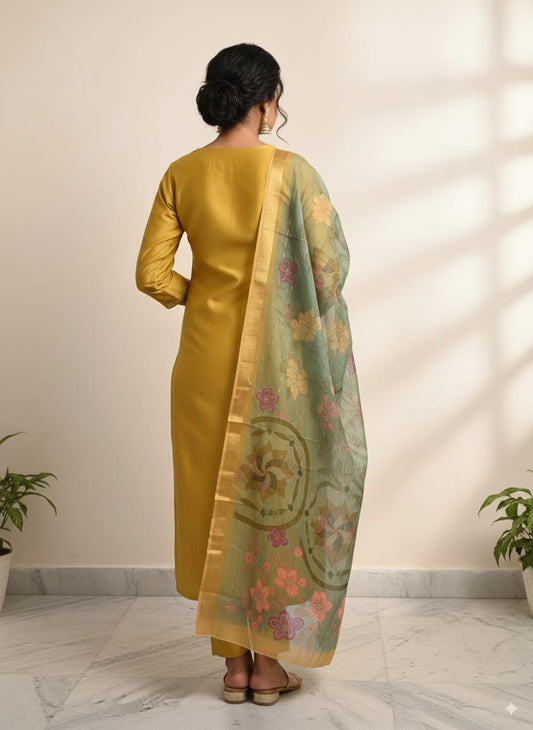 Yellow Russian silk kurtaset with organza dupatta