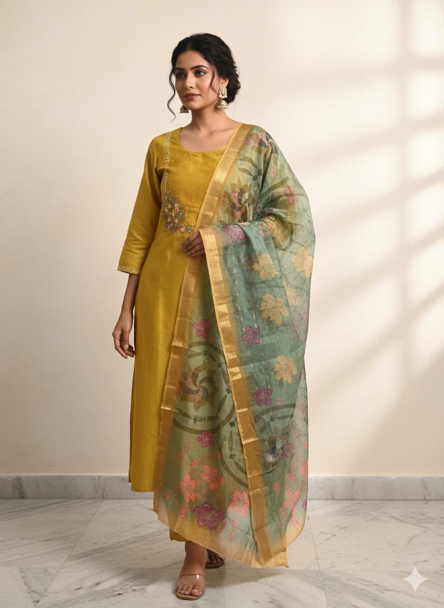 Yellow Russian silk kurtaset with organza dupatta