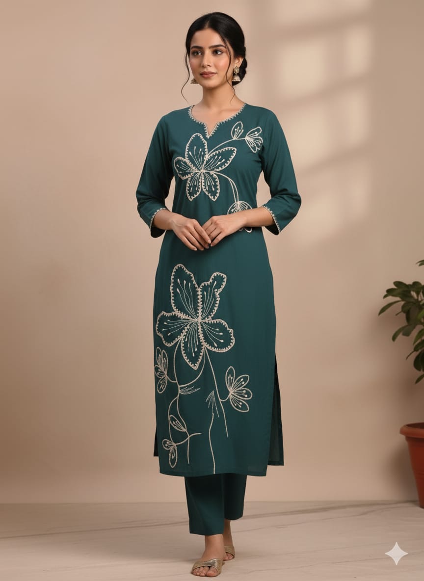 Thick green embroidered kurtaset with organza dupatta