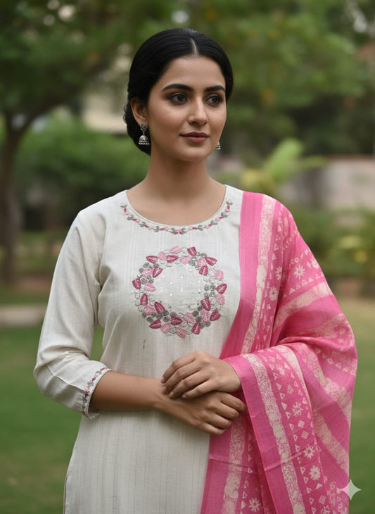 white cotton embroiderery kurtaset