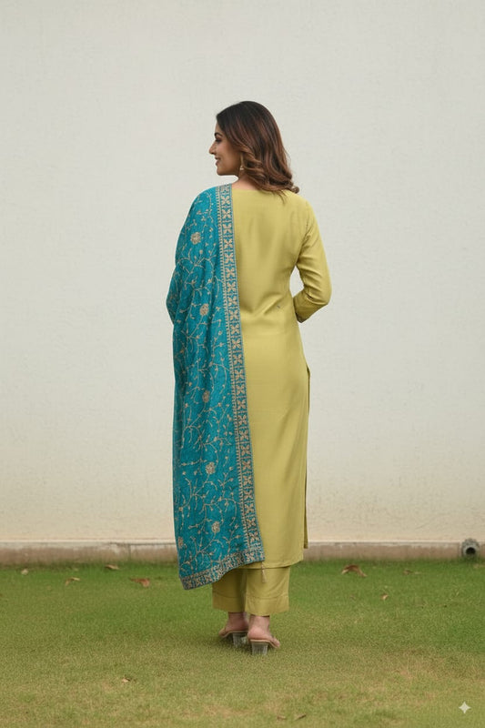 Pale Green Roman silk kurtaset with embroidery dupatta