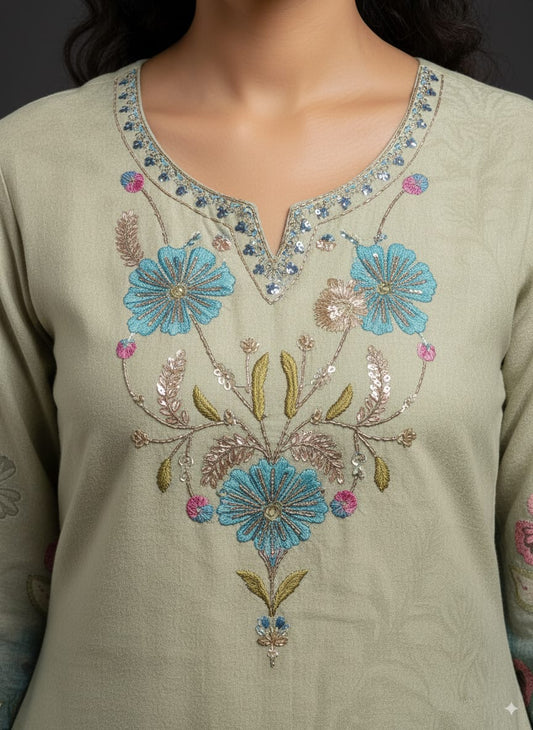 Mint green Muslin silk kurtaset with organza dupatta