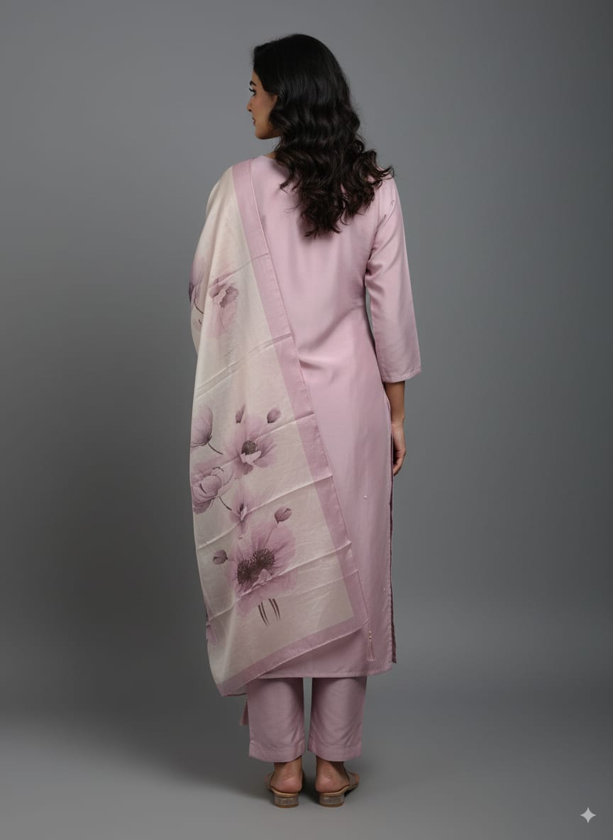 Peach silk kardana kurtaset with organza dupatta