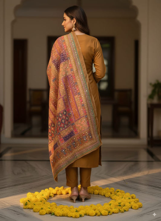 Mustard silk kurtaset with heavy kalamkari dupatta