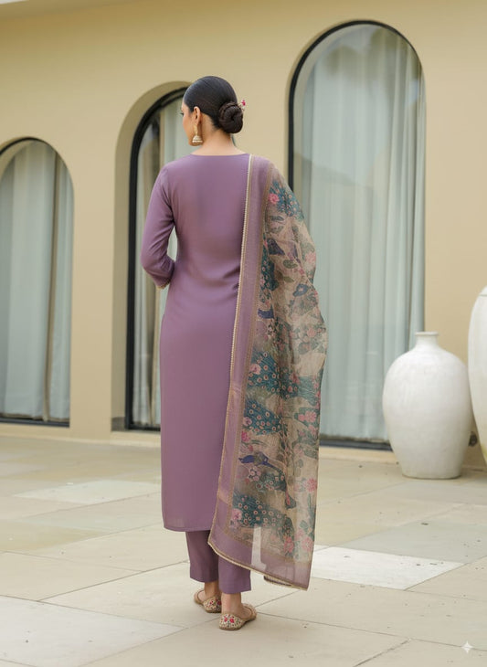 Mauve roman silk kurtaset with organza dupatta