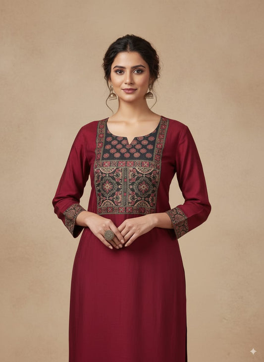 Maroon Roman silk kurtaset with designer dupatta