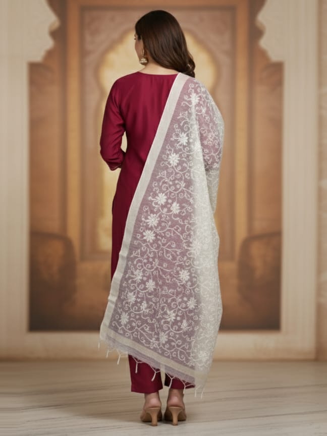 Deep Brown Roman Silk Kurta Set With Floral Dupatta