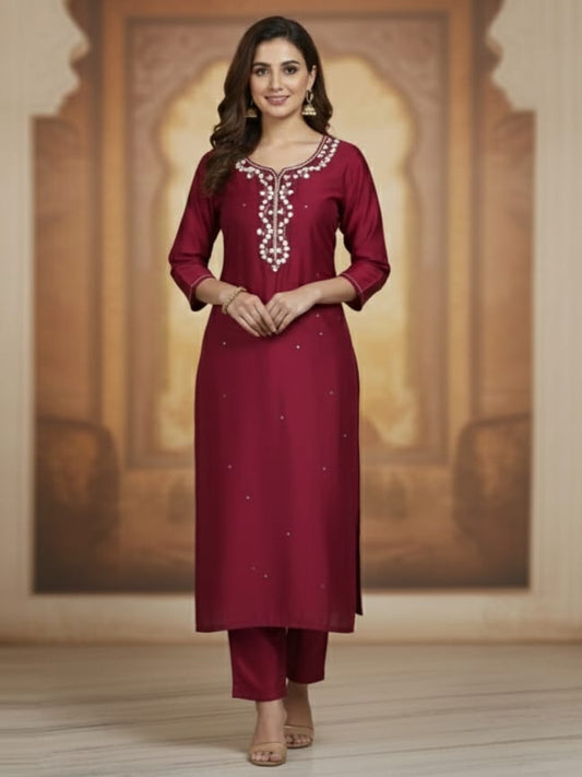 Deep Brown Roman Silk Kurta Set With Floral Dupatta