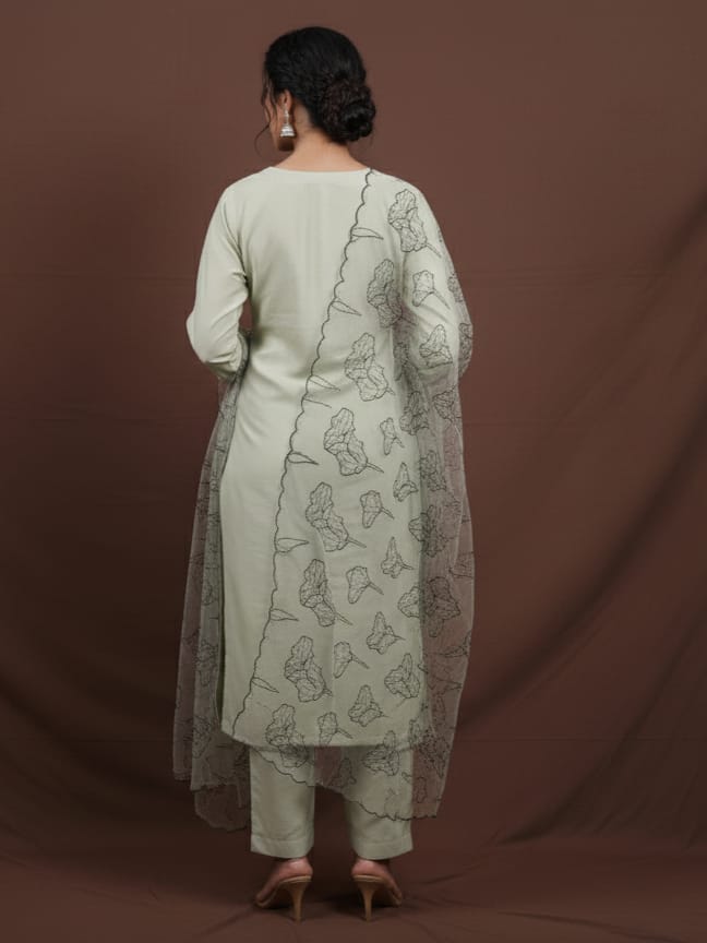 Roman silk Sage Green Kurtaset with organza Dupatta