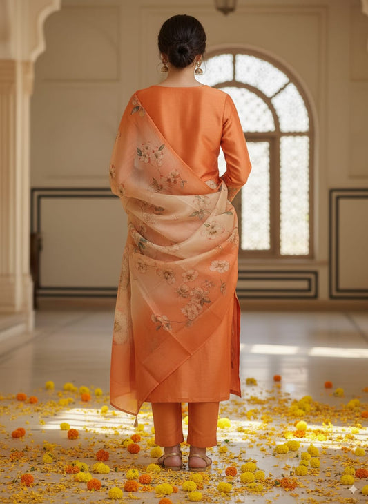 Silk Orange kurtaset with digital print dupatta