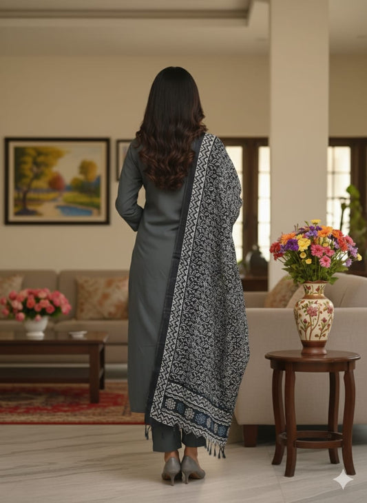 Grey Rayon kurtaset with kalamkari dupatta