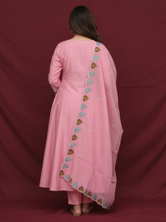 Pink Mul chanderi Embroidered A-line kurtaset with dupatta