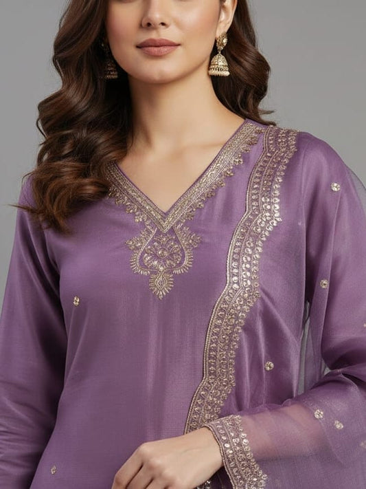 Onion Lavender Roman silk kurtaset with designer dupatta