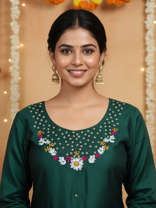 Green Roman silk kurtaset with pattu dupatta