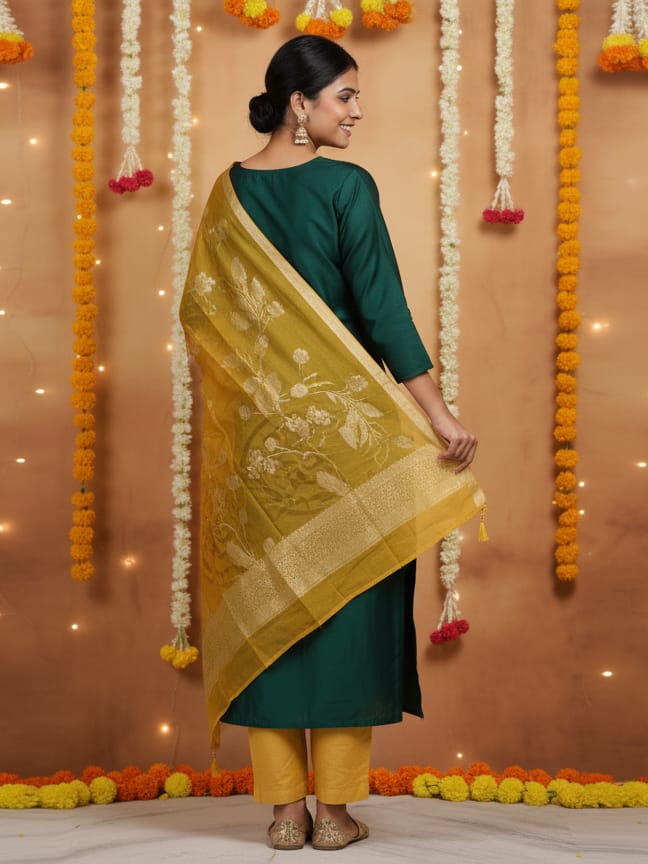 Green Roman silk kurtaset with pattu dupatta