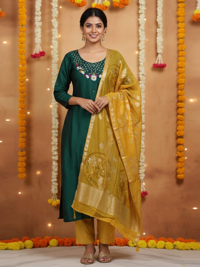 Green Roman silk kurtaset with pattu dupatta