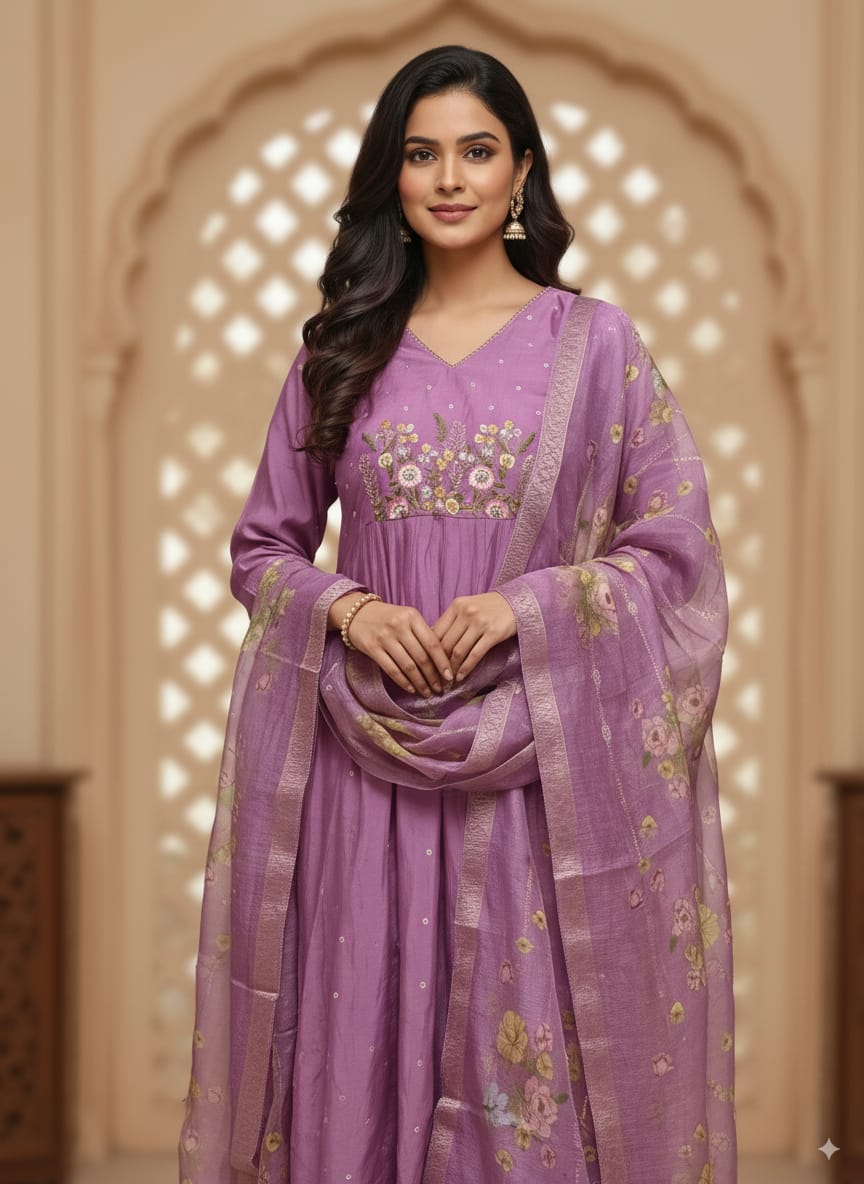 Lavender Mul chanderi kurtaset with organza dupatta