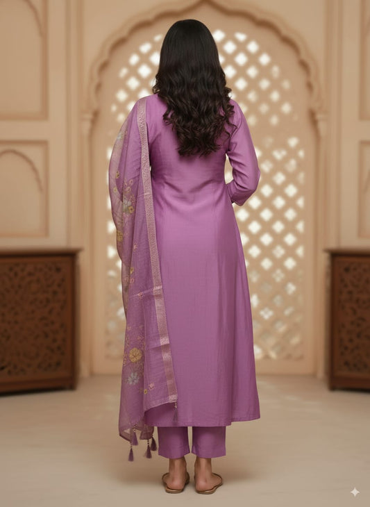 Lavender Mul chanderi kurtaset with organza dupatta