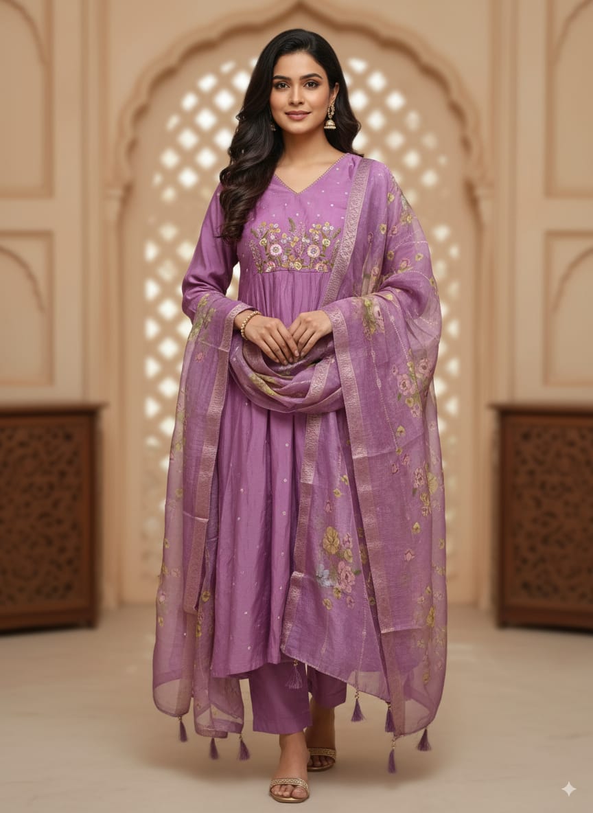 Lavender Mul chanderi kurtaset with organza dupatta