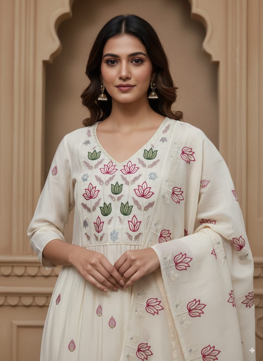 Off-white Mul Chanderi A-line kurtaset with dupatta