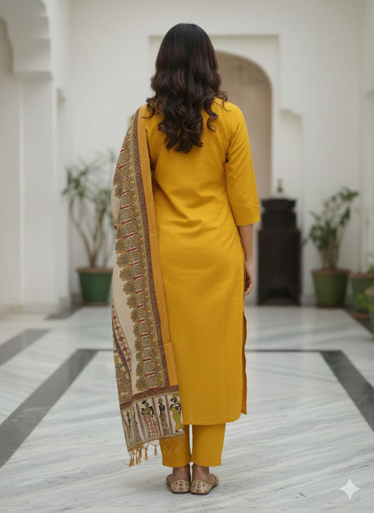 Mustard kurtaset with kalamkari dupatta
