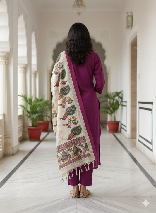 Wine kurtaset with kalamkari dupatta