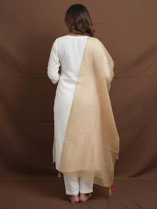 Off-white Roman silk kurtaset with organza dupatta