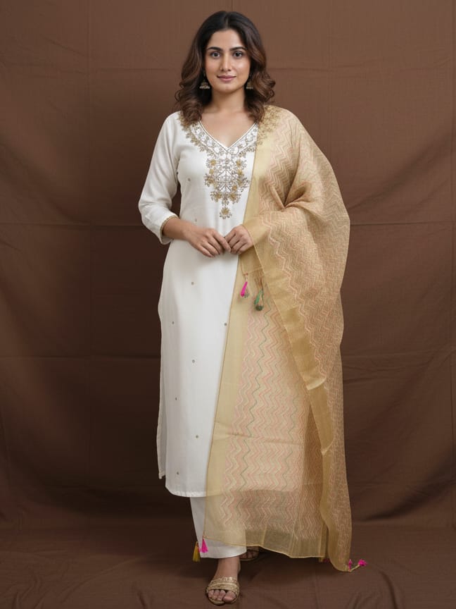 Off-white Roman silk kurtaset with organza dupatta