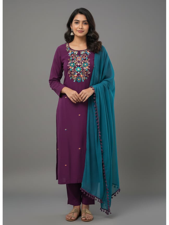 Wine embroidered kurtaset with Dupatta