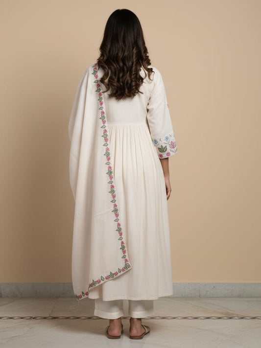 Off-white Mul Chanderi A-line kurtaset with dupatta