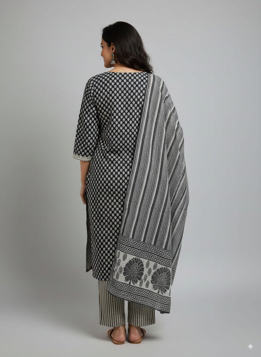 Navy blue Cotton blend kurtaset with dupatta