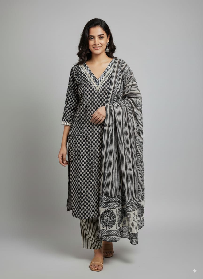 Navy blue Cotton blend kurtaset with dupatta
