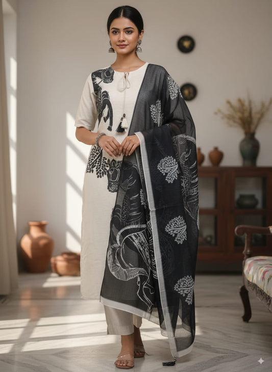 Pure Black and white jute silk kurtaset