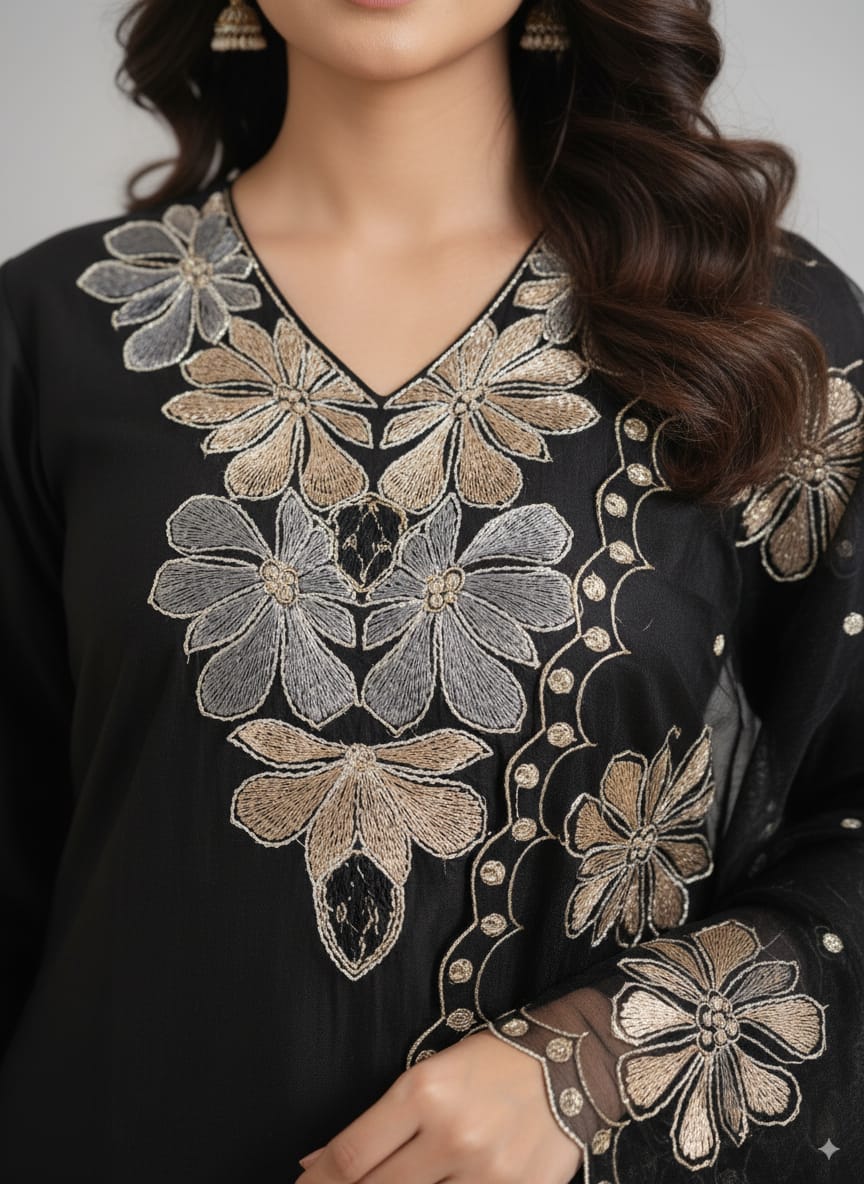 Roman silk black embroidery Kurtaset with Dupatta