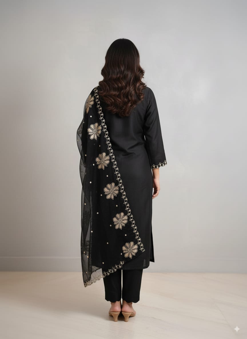Roman silk black embroidery Kurtaset with Dupatta