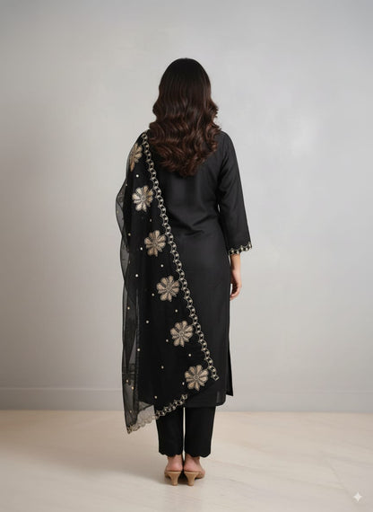 Roman silk black embroidery Kurtaset with Dupatta