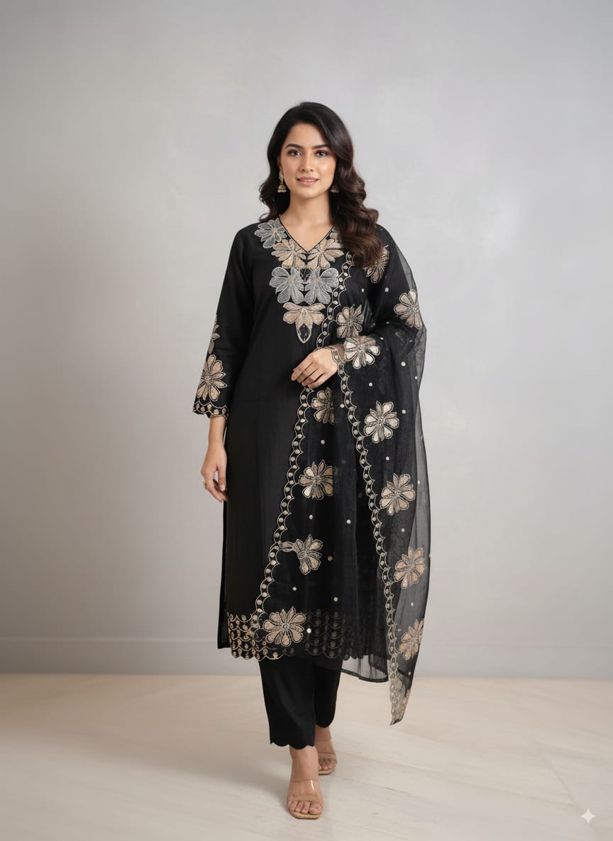 Roman silk black embroidery Kurtaset with Dupatta