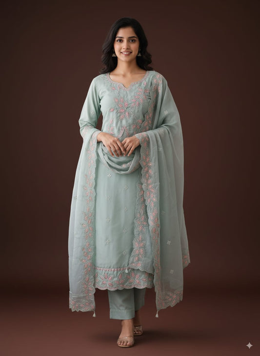 Mint green Roman silk Kurtaset with designer Dupatta