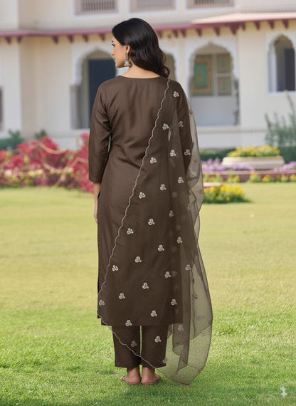 Deep brown roman silk kurtaset with organza dupatta