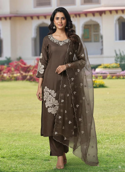 Deep brown roman silk kurtaset with organza dupatta