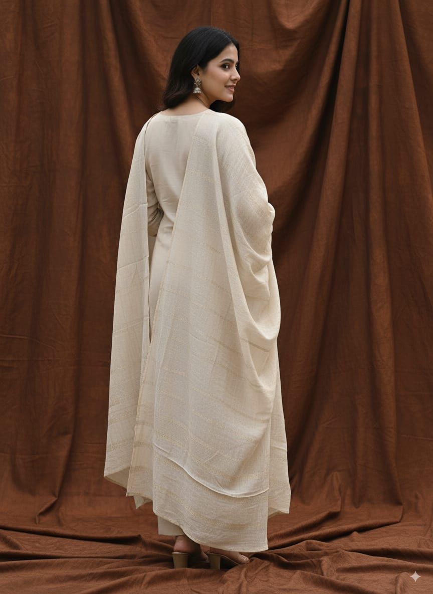 Mul chanderi Beige Kurtaset with hand painted design